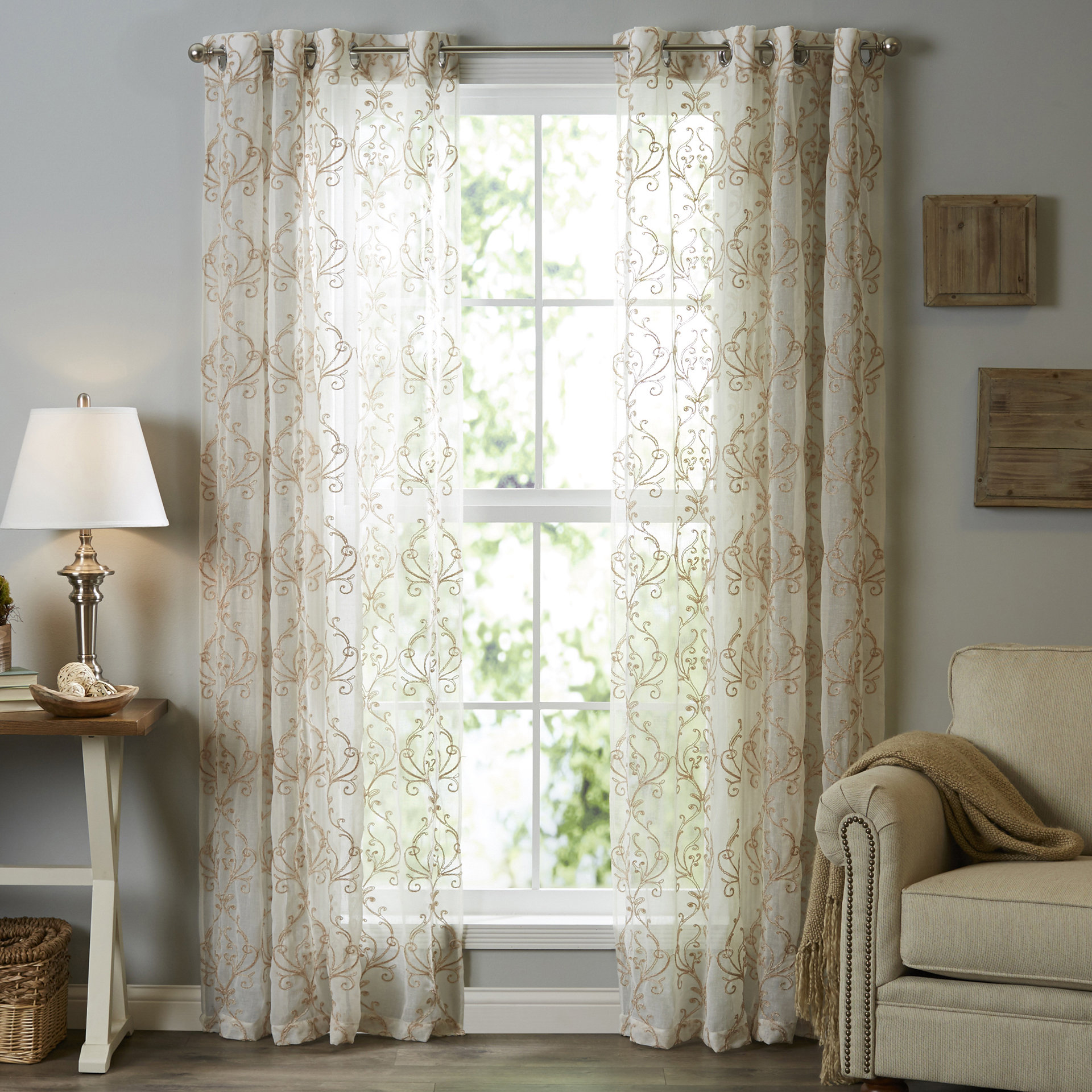 Lavish Home Valencia Damask Sheer Grommet Single Curtain Panel